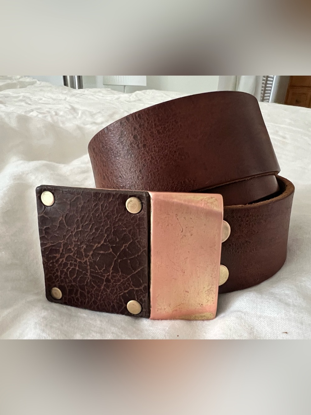 Distressed belt copper and brass modernist Italy size 34 buffalo leather brown
